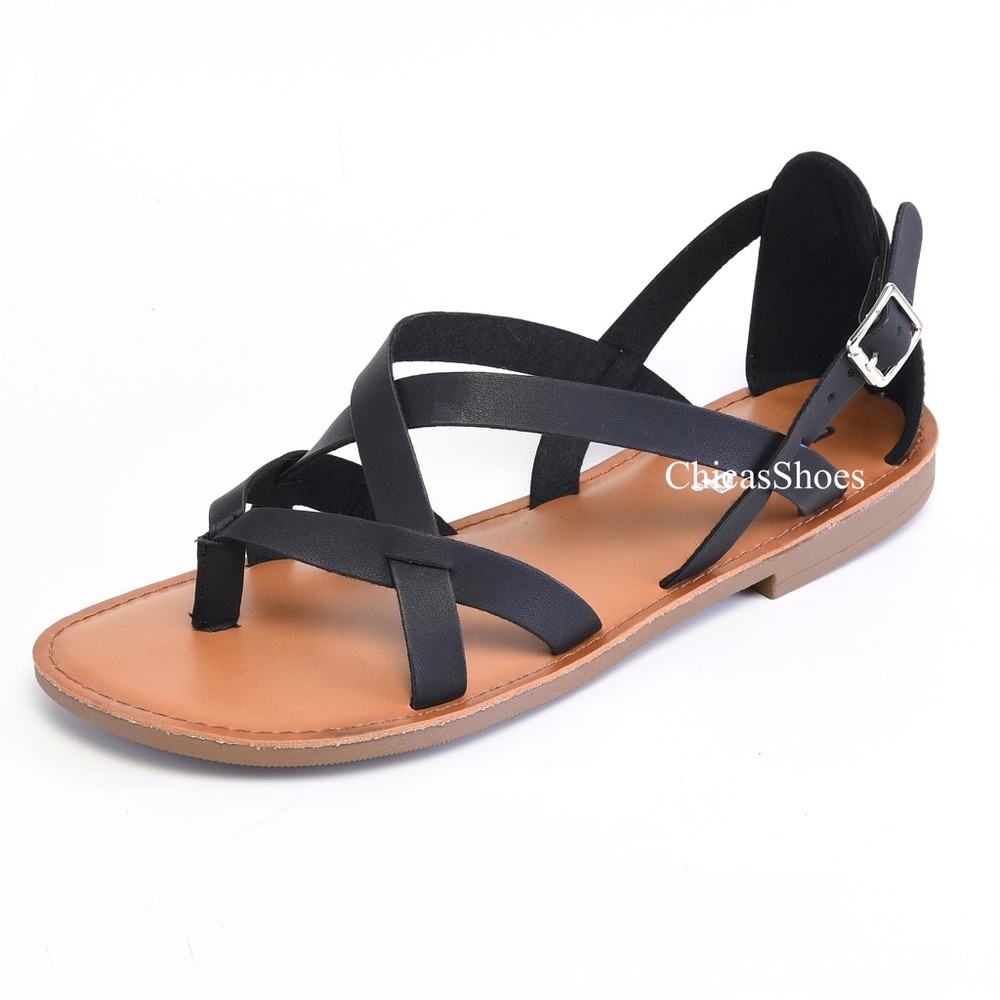 New Black Gladiator Thong Strap Summer Flat Sandal